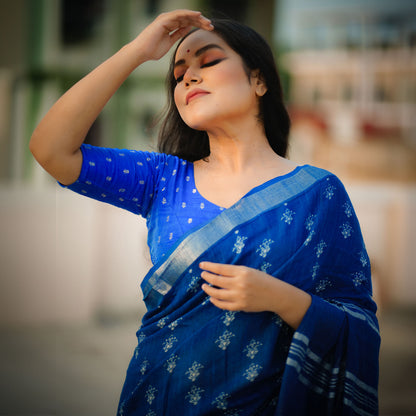 Santorini Blue Printed Organic Linen Saree