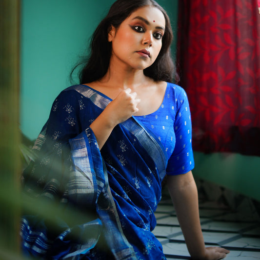 Santorini Blue Printed Organic Linen Saree