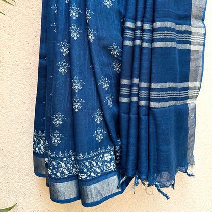 Santorini Blue Printed Organic Linen Saree