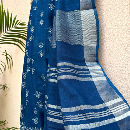 Santorini Blue Printed Organic Linen Saree