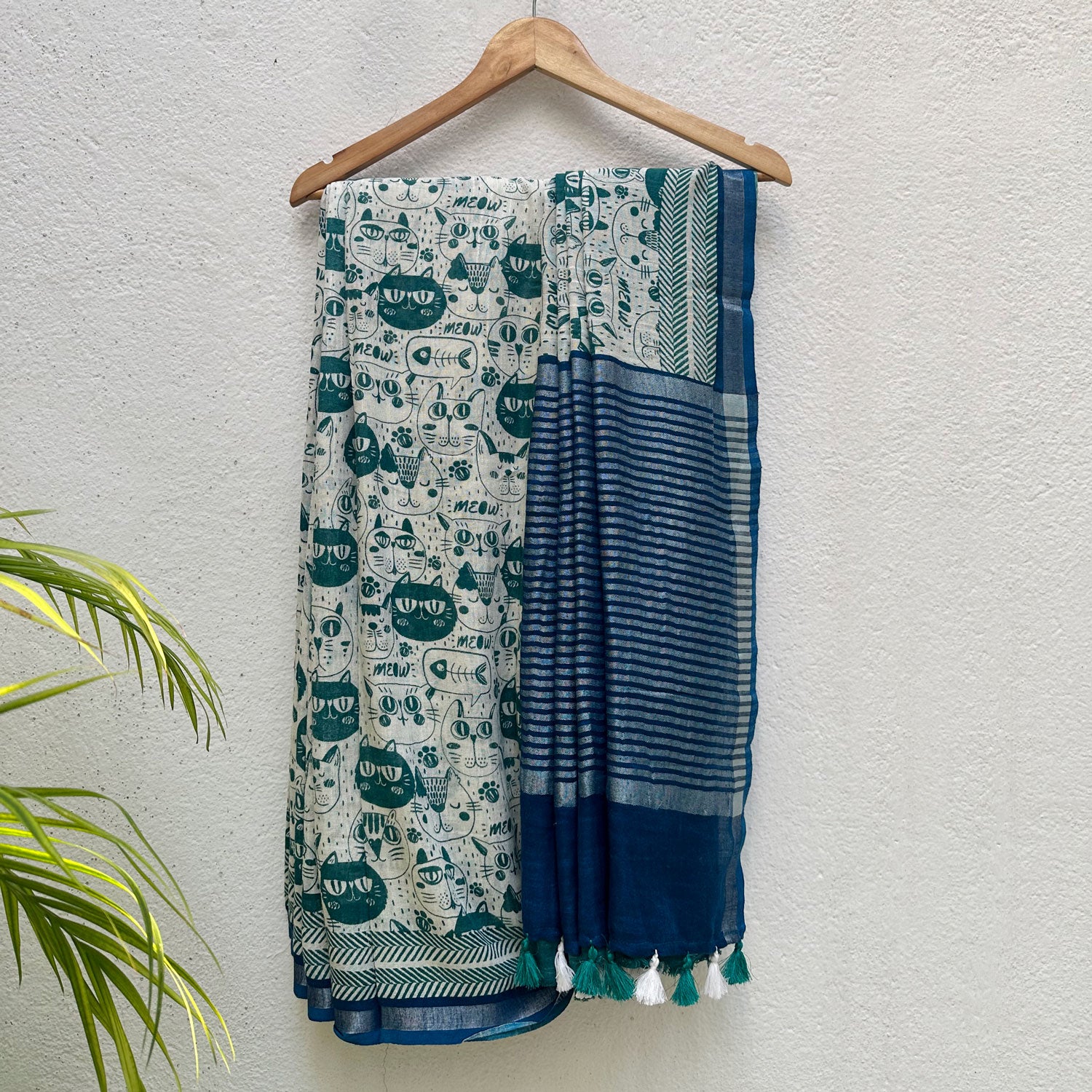 Say It Louder ivory cotton saree with teal meow cat face print, chevron border and navy zari pallu, Zoomies Collection Thread Weavers