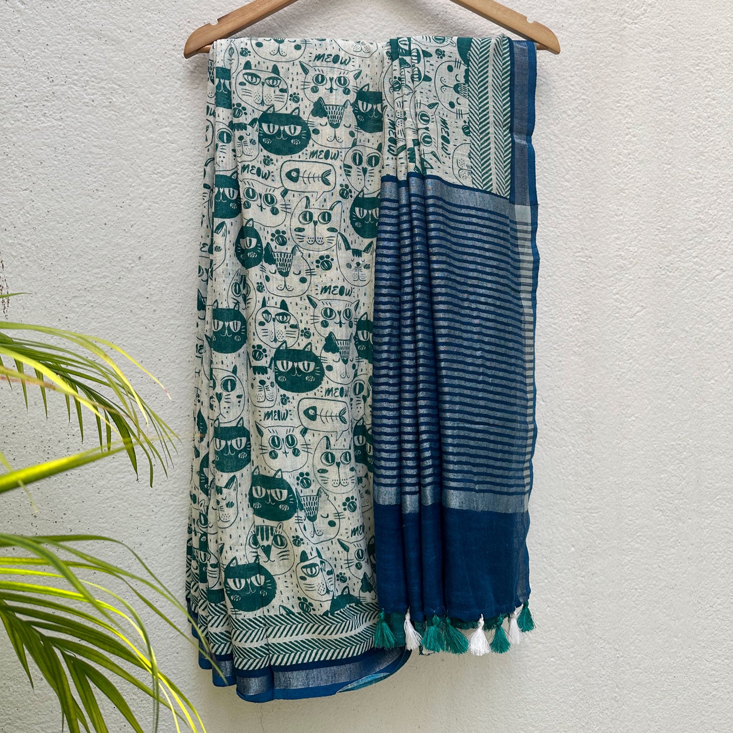 Say It Louder ivory cotton saree with teal meow cat face print, chevron border and navy zari pallu, Zoomies Collection Thread Weavers