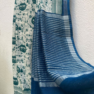 Say It Louder ivory cotton saree with teal meow cat face print, chevron border and navy zari pallu, Zoomies Collection Thread Weavers