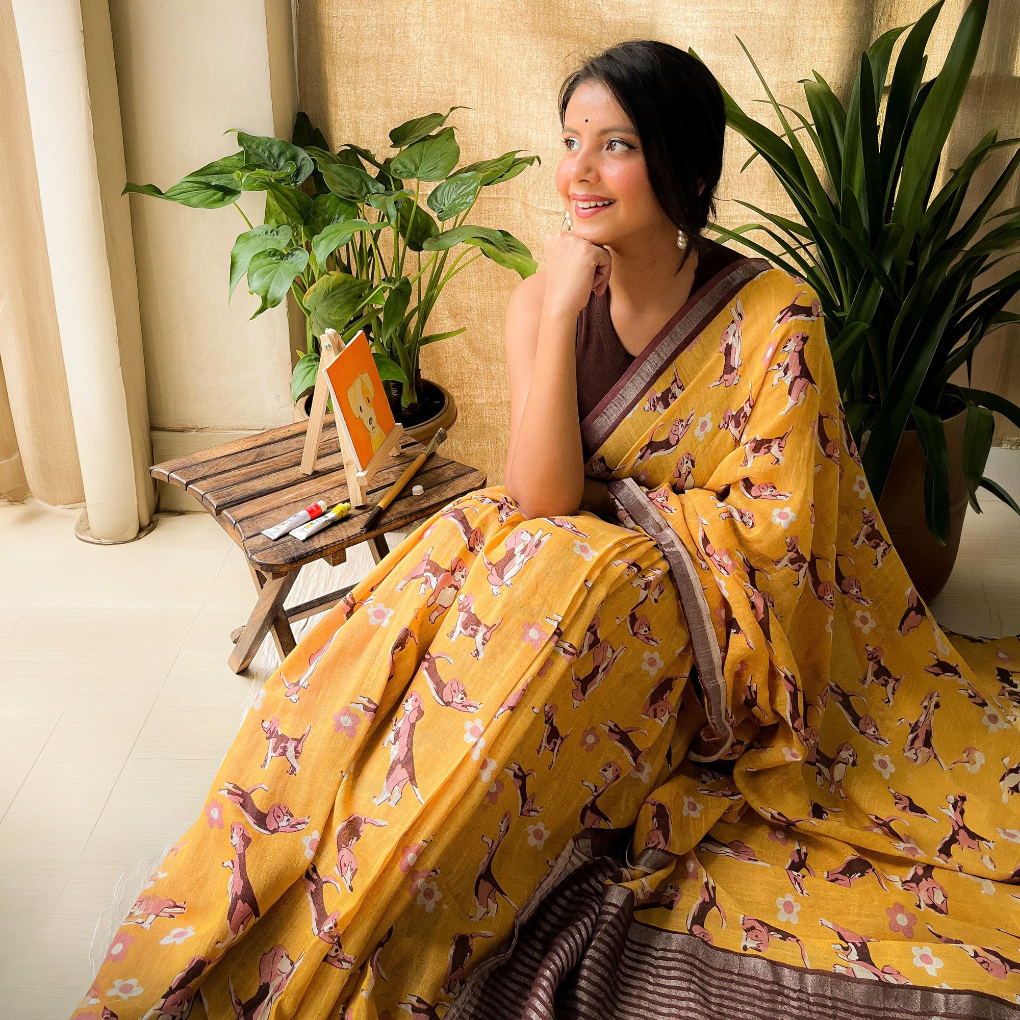 Sniff & Seek mustard cotton beagle print saree with daisy florals and dark brown zari pallu, Zoomies Collection by The Thread Weavers