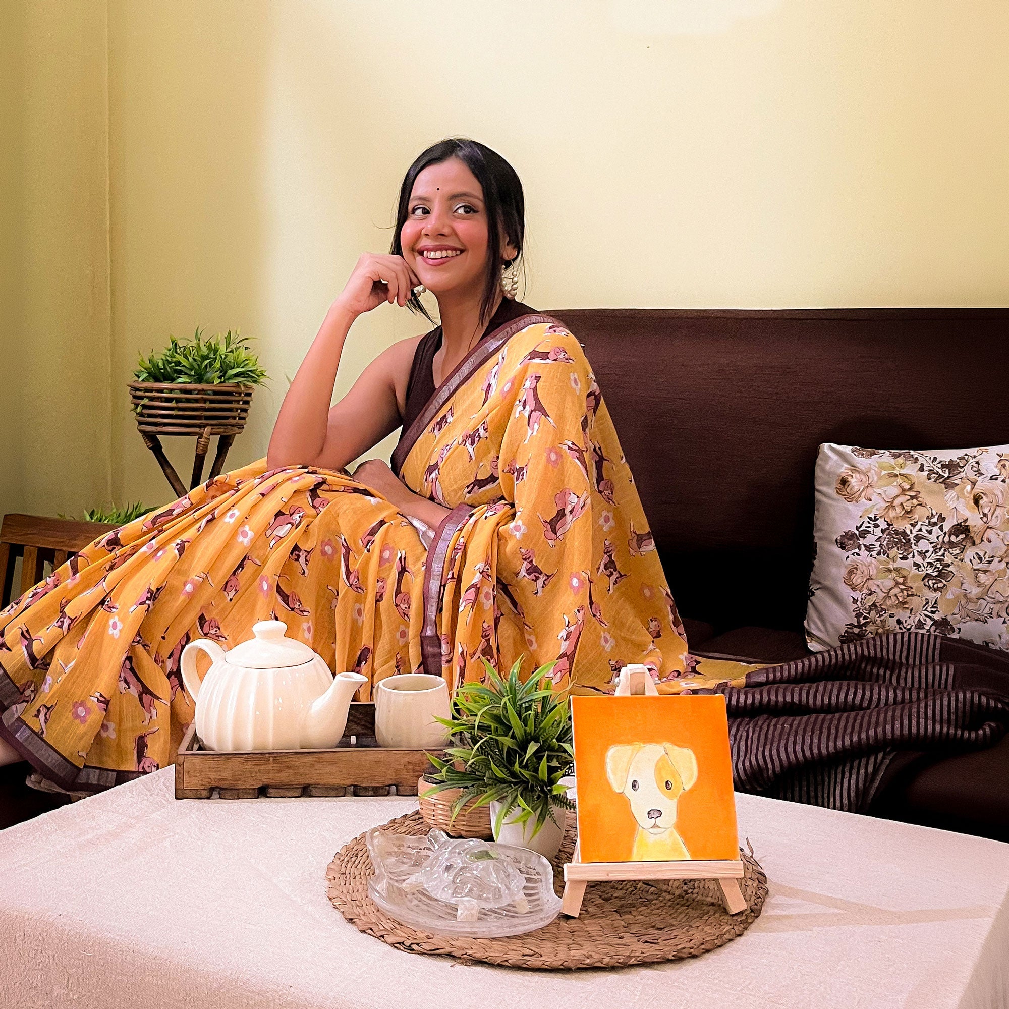 Sniff & Seek mustard cotton beagle print saree with daisy florals and dark brown zari pallu, Zoomies Collection by The Thread Weavers