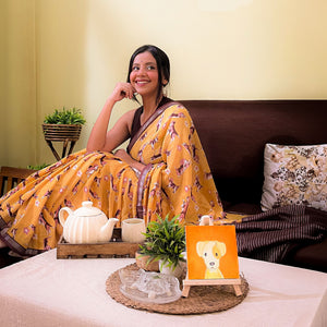 Sniff & Seek mustard cotton beagle print saree with daisy florals and dark brown zari pallu, Zoomies Collection by The Thread Weavers