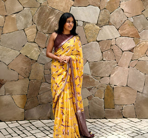 Sniff & Seek mustard orange cotton beagle print saree with daisy florals and dark brown zari pallu, Zoomies Collection by The Thread Weavers