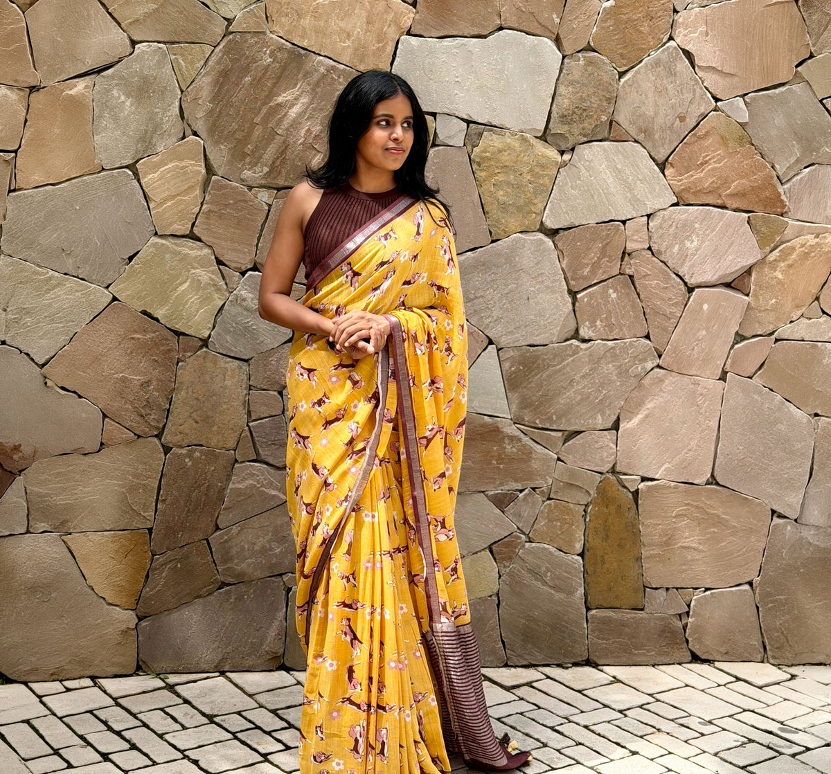 Sniff & Seek mustard orange cotton beagle print saree with daisy florals and dark brown zari pallu, Zoomies Collection by The Thread Weavers
