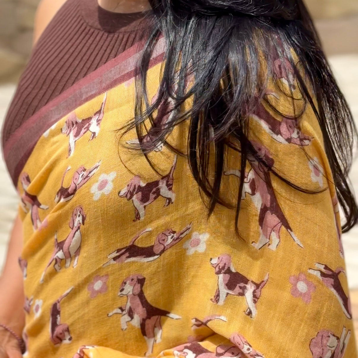 Sniff & Seek mustard orange cotton beagle print saree with daisy florals closeup, Zoomies Collection by The Thread Weavers