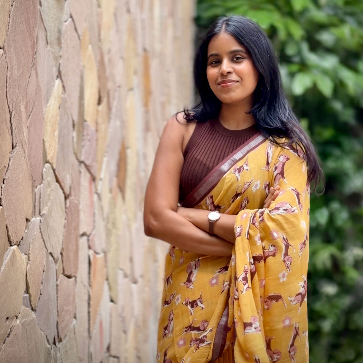 Sniff & Seek mustard orange cotton beagle print saree with daisy florals and dark brown zari pallu, Zoomies Collection by The Thread Weavers
