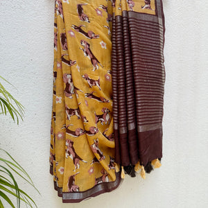 Sniff & Seek mustard cotton beagle print saree with daisy florals and dark brown zari pallu, Zoomies Collection by The Thread Weavers