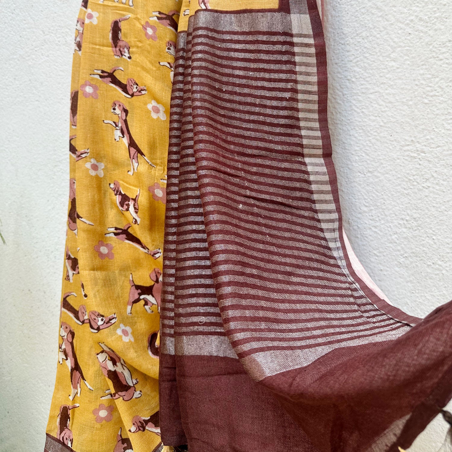 Sniff & Seek mustard cotton beagle print saree with daisy florals and dark brown zari pallu, Zoomies Collection by The Thread Weavers