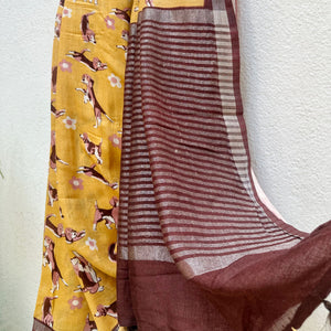 Sniff & Seek mustard cotton beagle print saree with daisy florals and dark brown zari pallu, Zoomies Collection by The Thread Weavers
