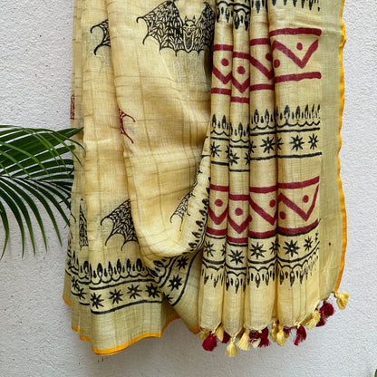 Spooky Tales Handblock Printed Pure Linen Saree