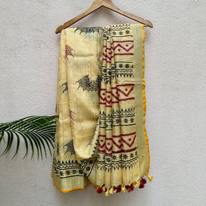 Spooky Tales Handblock Printed Pure Linen Saree