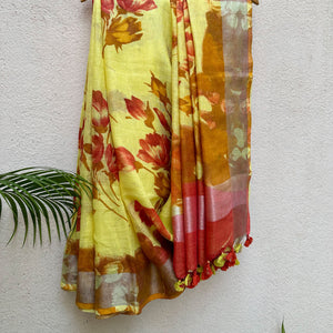 Stylish Spring Handblock Printed Pure Linen Saree