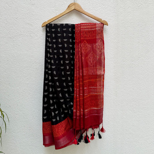Swiss Black Cotton Linen Saree