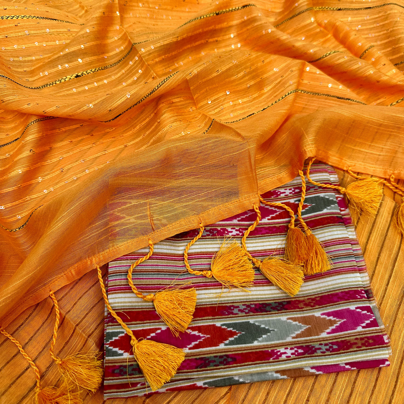 Tangerine Cotton Silk Saree with Printed Blouse Piece
