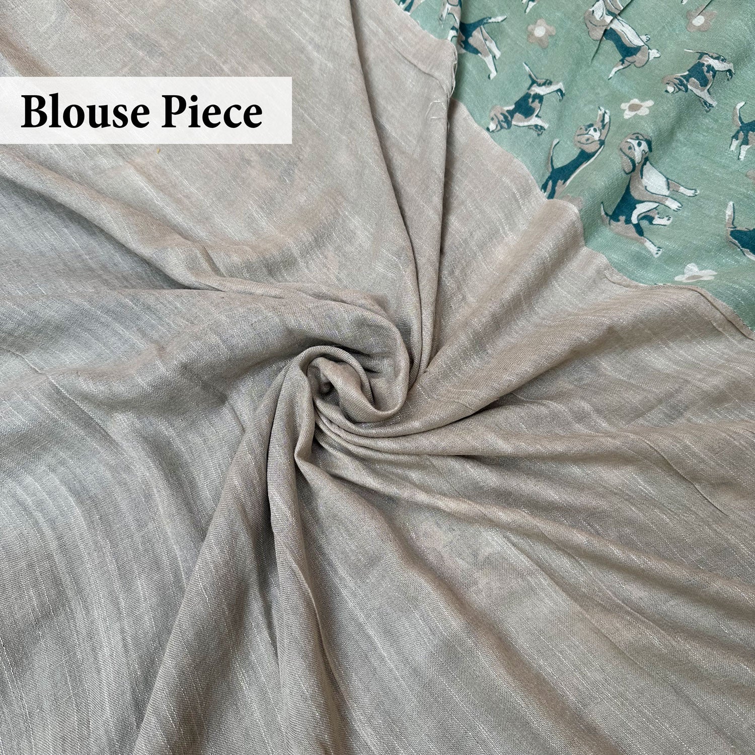 The Biscuit Hour sage green cotton beagle print saree with plain grey blouse, Zoomies Collection Thread Weavers