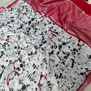 The Great Catsby ivory cotton saree closeup with black illustrated cat crowd print and crimson red zari pallu, Zoomies Collection Thread Weavers