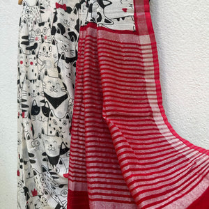 The Great Catsby ivory cotton saree with black illustrated cat crowd print and crimson red zari pallu, Zoomies Collection Thread Weavers