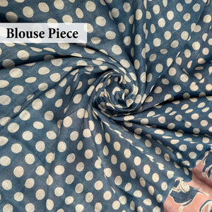 The Pawdcast blush pink cotton Shiba Inu dog print saree with polka blouse piece, Zoomies Collection TTW