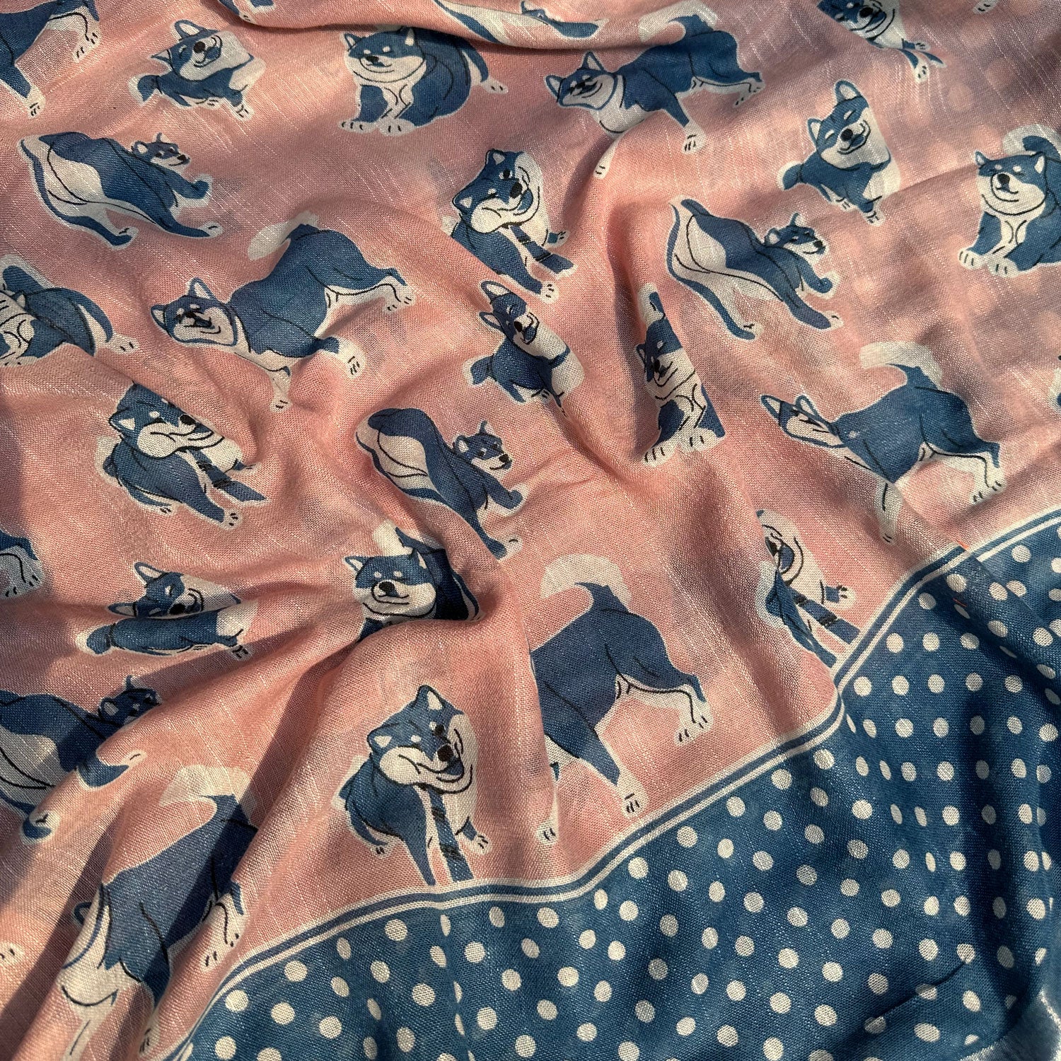 The Pawdcast blush pink cotton Shiba Inu dog print saree closeup with polka dot border and steel blue zari pallu, Zoomies Collection TTW