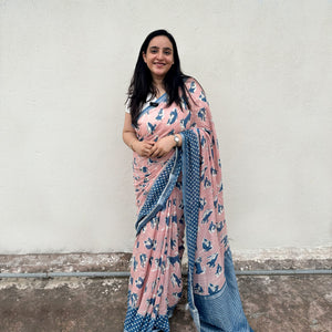 Founder wearing the Pawdcast blush pink cotton Shiba Inu dog print saree with polka dot border and steel blue zari pallu, Zoomies Collection TTW