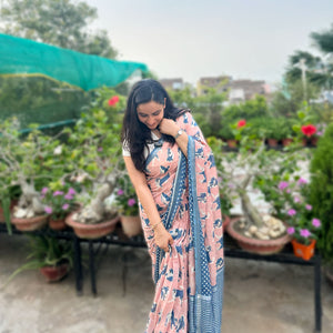 Founder wearing the Pawdcast blush pink cotton Shiba Inu dog print saree with polka dot border and steel blue zari pallu, Zoomies Collection TTW