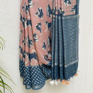The Pawdcast blush pink cotton Shiba Inu dog print saree with polka dot border and steel blue zari pallu, Zoomies Collection TTW