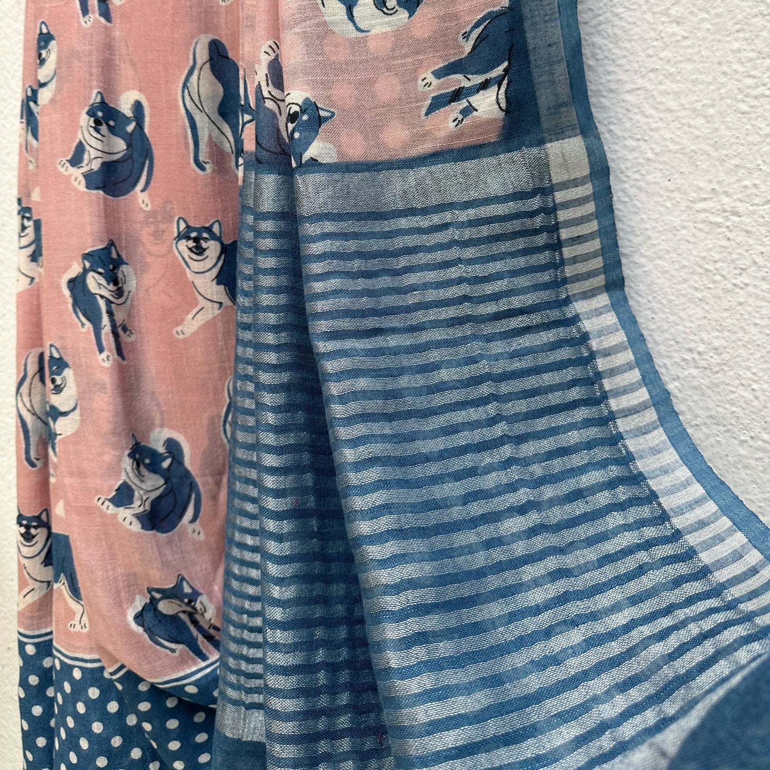 The Pawdcast blush pink cotton Shiba Inu dog print saree with polka dot border and steel blue zari pallu, Zoomies Collection TTW