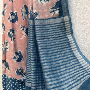 The Pawdcast blush pink cotton Shiba Inu dog print saree with polka dot border and steel blue zari pallu, Zoomies Collection TTW