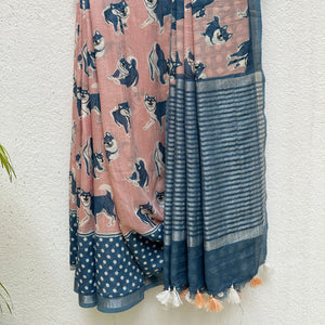 The Pawdcast blush pink cotton Shiba Inu dog print saree with polka dot border and steel blue zari pallu, Zoomies Collection TTW