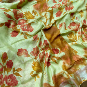Tropical Spring Handblock Printed Pure Linen Saree