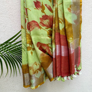 Tropical Spring Handblock Printed Pure Linen Saree