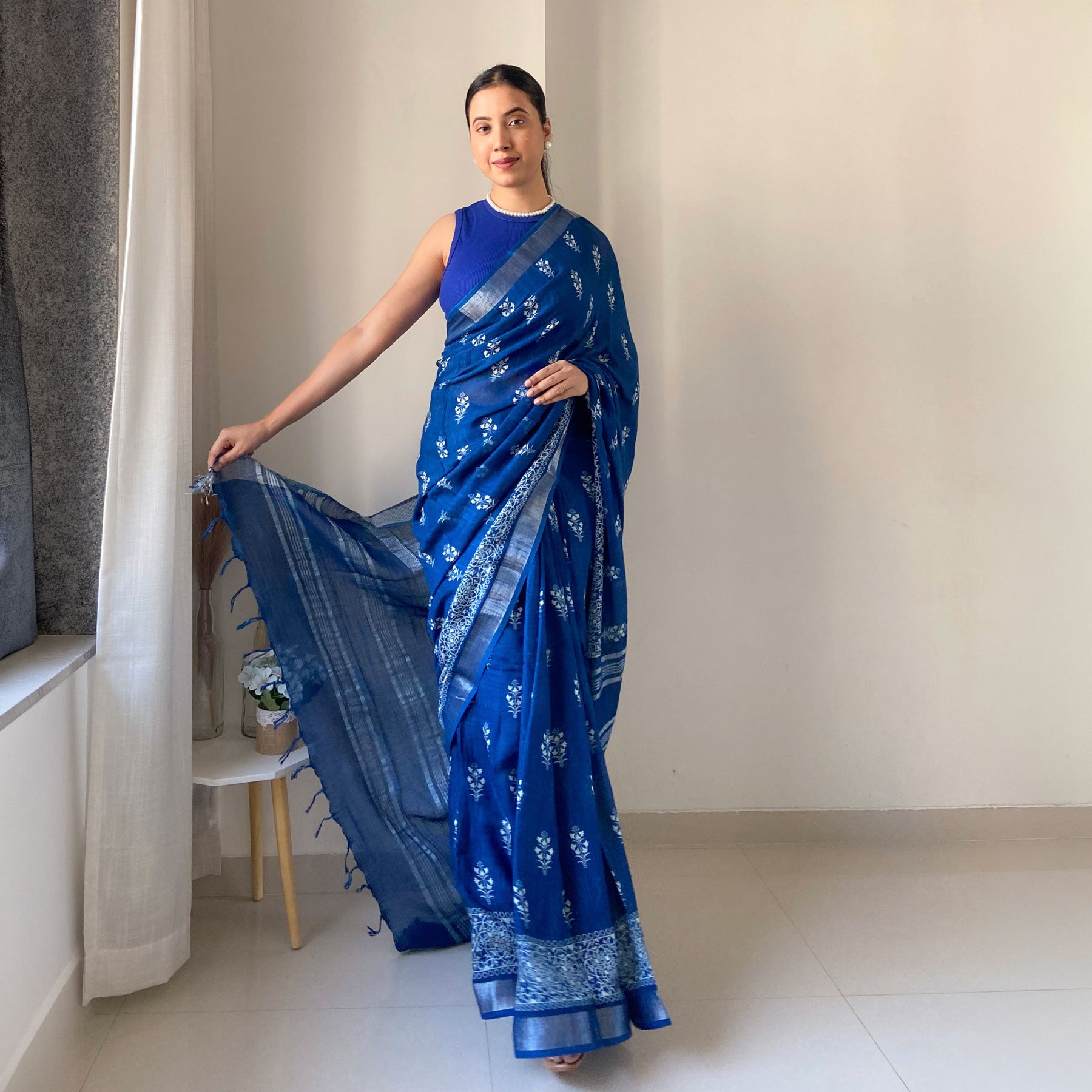 Turkish Blue Organic Linen Saree