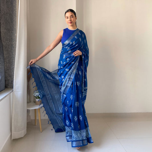 Turkish Blue Organic Linen Saree