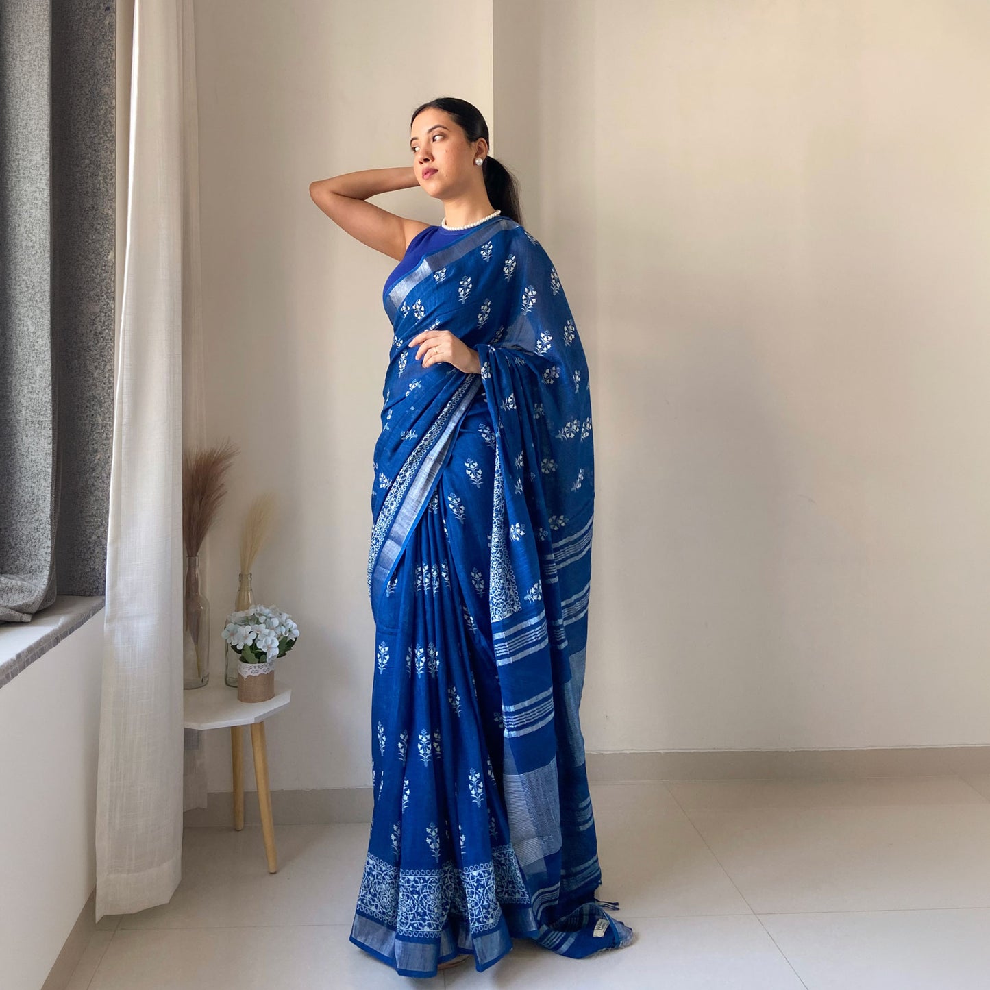Turkish Blue Organic Linen Saree