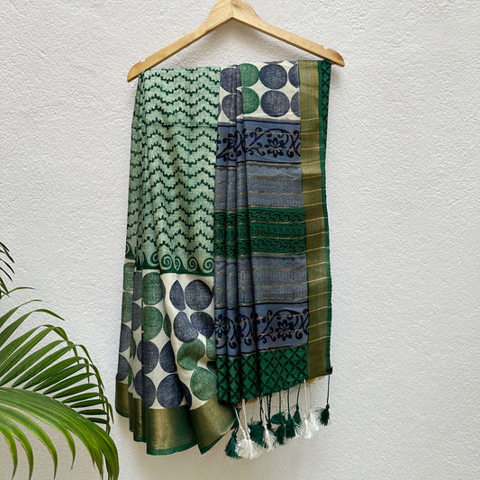 Ultramarine Green Handblock Cotton Viscose Silk Saree