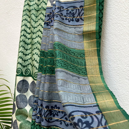 Ultramarine Green Handblock Cotton Viscose Silk Saree
