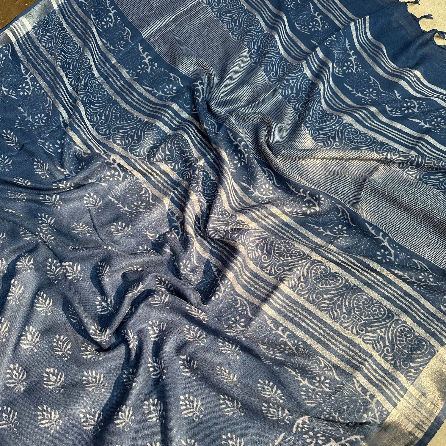 Urvashi Indigo Handblock Cotton Linen Saree