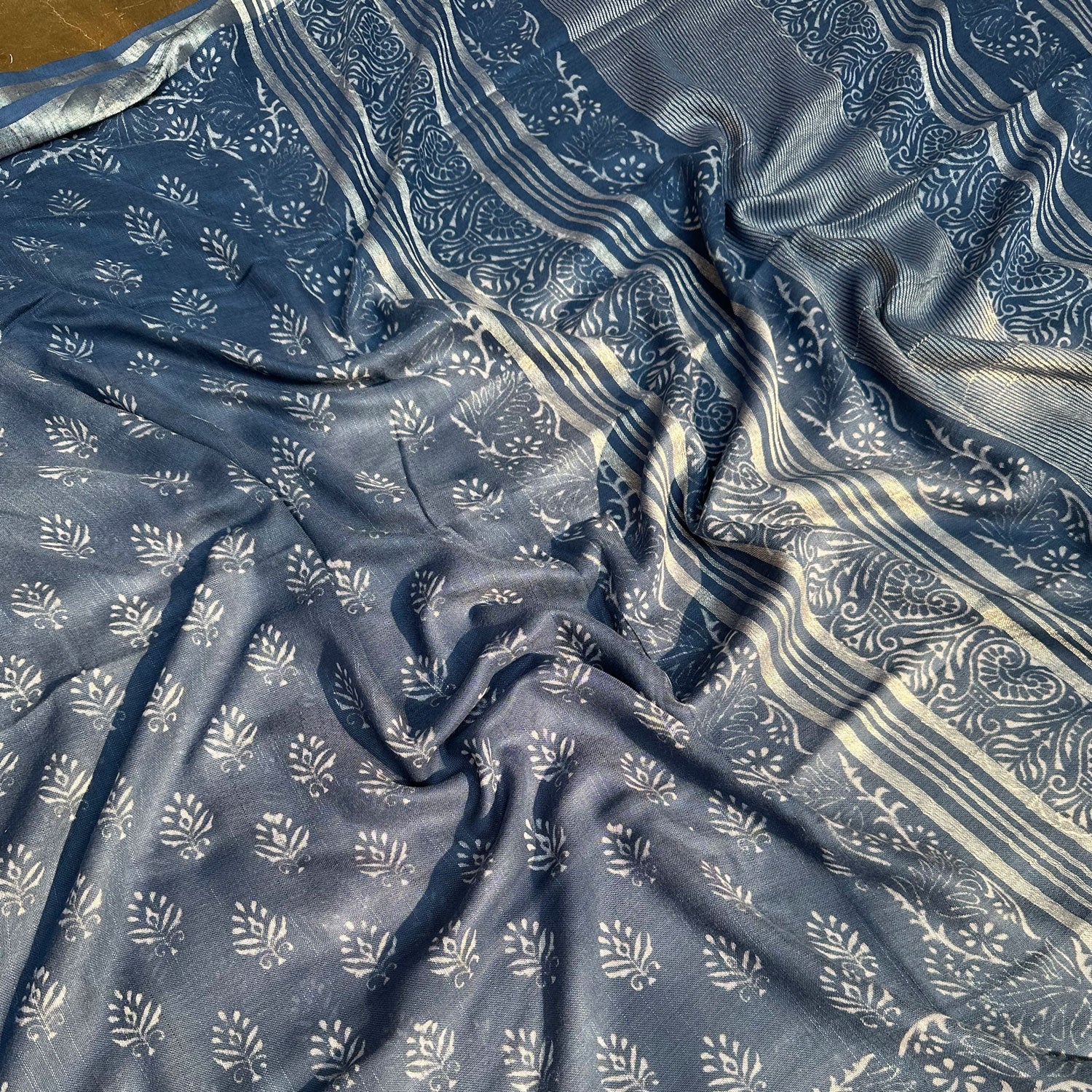 Urvashi Indigo Handblock Cotton Linen Saree