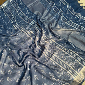 Urvashi Indigo Handblock Cotton Linen Saree
