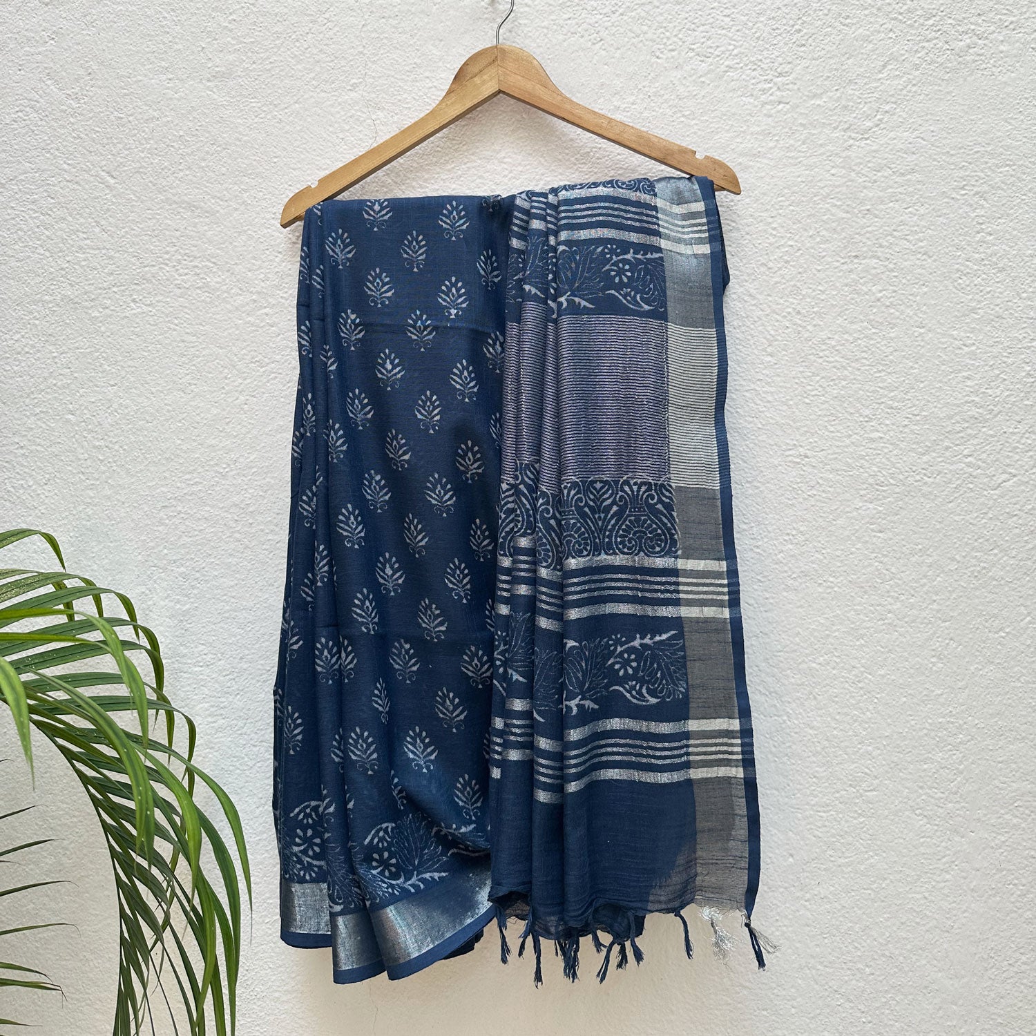 Urvashi Indigo Handblock Cotton Linen Saree