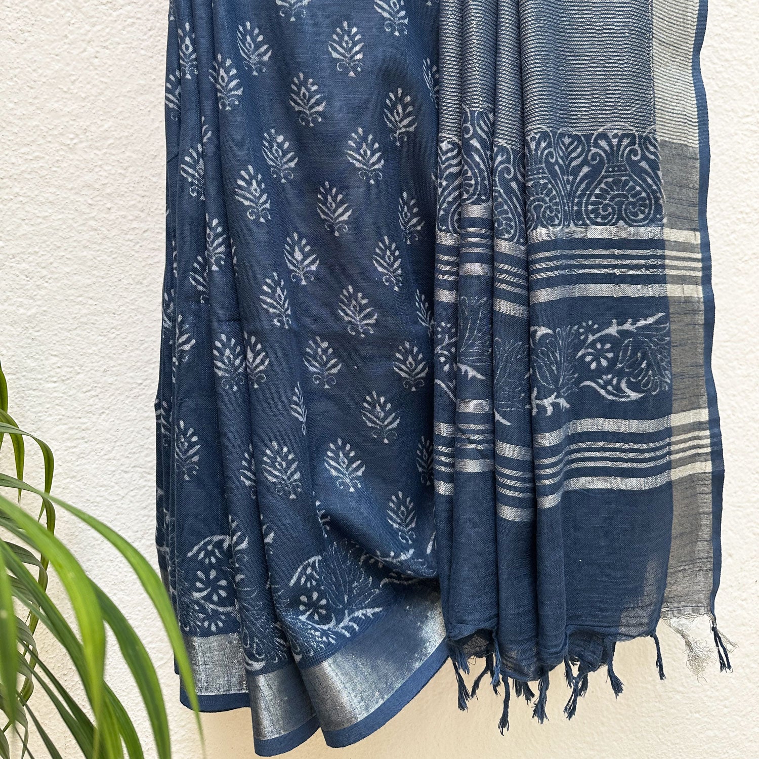 Urvashi Indigo Handblock Cotton Linen Saree