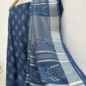 Urvashi Indigo Handblock Cotton Linen Saree