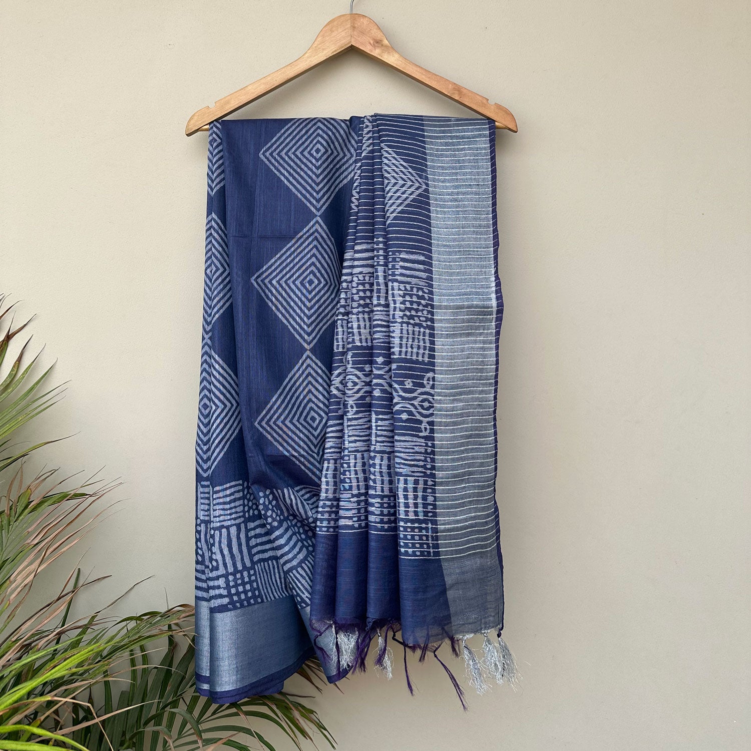 Concentric diamond hand block print indigo cotton silk saree full view – Urvashi by The Thread Weavers