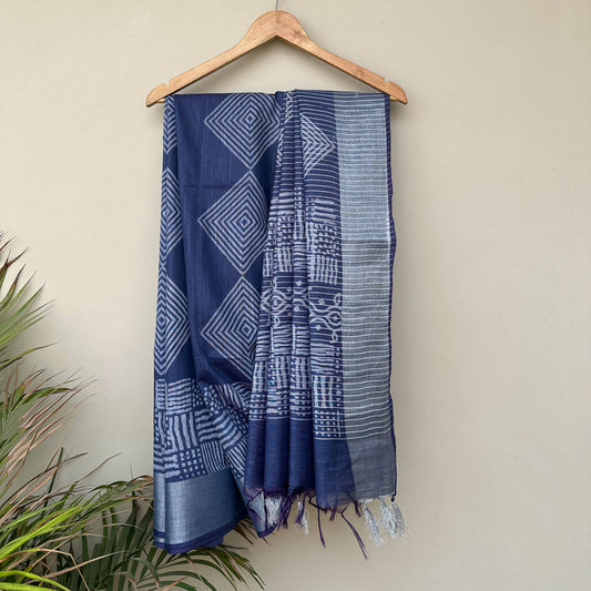 Concentric diamond hand block print indigo cotton silk saree full view – Urvashi by The Thread Weavers