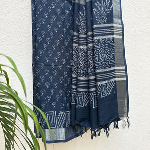 Vaarahi Indigo Hand Block Cotton Linen Saree