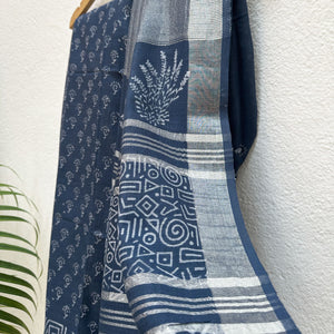 Vaarahi Indigo Hand Block Cotton Linen Saree
